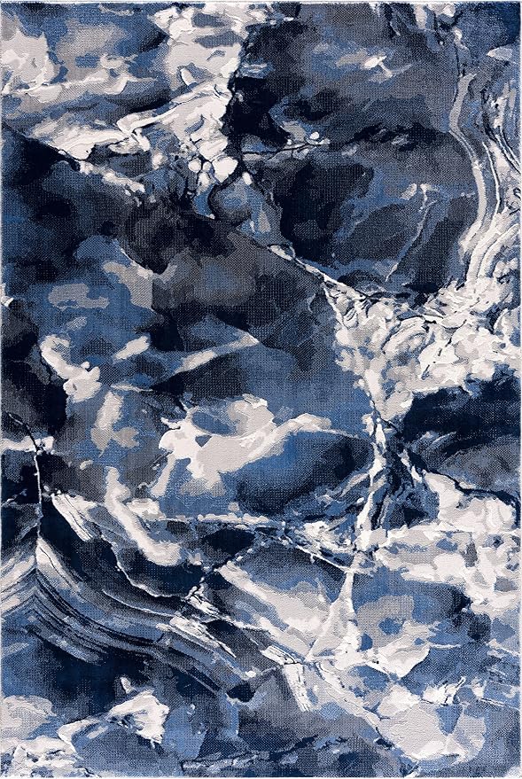 Abani Rugs Contemporary Blue & Grey Marble Ice Design Washable 4’ x 6’ Area Rug - Modern Swirl Watercolor Bedroom Rug