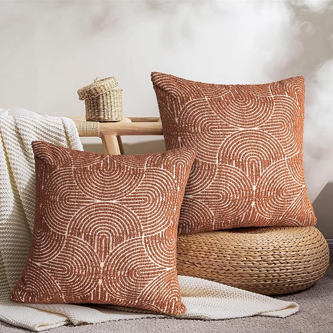 AELS Boho Decorative Textured Throw Pillow Covers 20x20, Organic Modern Mid Century Rainbow Tufted Pillow Case, Farmhouse Rustic Geometric Woven Cushion Case for Bed Couch Sofa, Burnt Orange