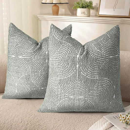 AELS Boho Decorative Textured Throw Pillow Covers 20x20, Organic Modern Mid Century Rainbow Tufted Pillow Case, Farmhouse Rustic Geometric Woven Cushion Case for Bed Couch Sofa, Slate Pale Blue Gray