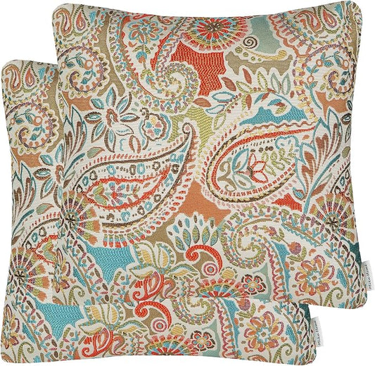 Mika Home Pack of 2 Decorative Accent Throw Pillow Cover Sham Cushion Case,Paisley Pattern,20x20 Inches,Red Teal Cream Multicolor