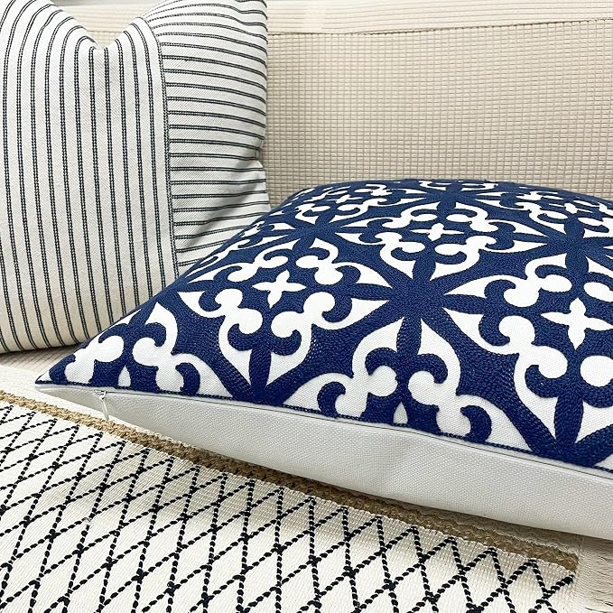 Slow Cow Embroidery Decorative Throw Pillow Cover for Couch Sofa Bedroom Accent Pillow Cushion Cover 20 x 20 Inches Navy Blue