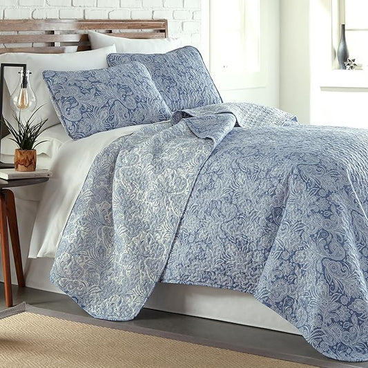 Southshore Fine Living, Inc. Paisley Quilt Queen Size Bedding Set, Full Size Quilted Coverlet, Boho Bedspreads Queen Size Set with Two Matching Pillow Shams, Full/Queen, Reversible Blue