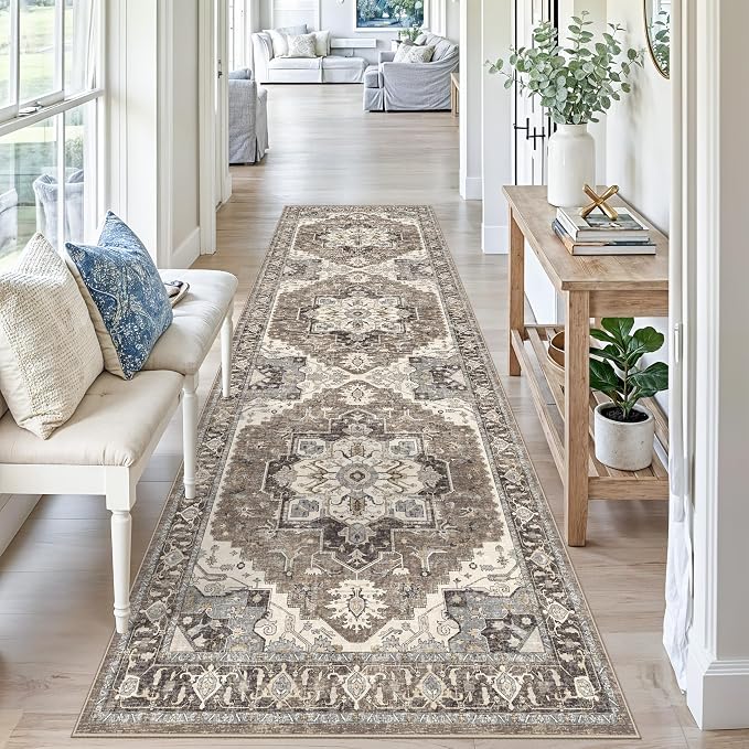 Hallway 3x9 Runner Rug Washable: Non-Slip Long Boho Kitchen Rugs Entryway Rug Runner Soft Low Pile Easy-to-Clean Carpet Indoor Vintage Home Decor Floor Mat for Bedroom Bathroom Laundry (Beige,3x9)