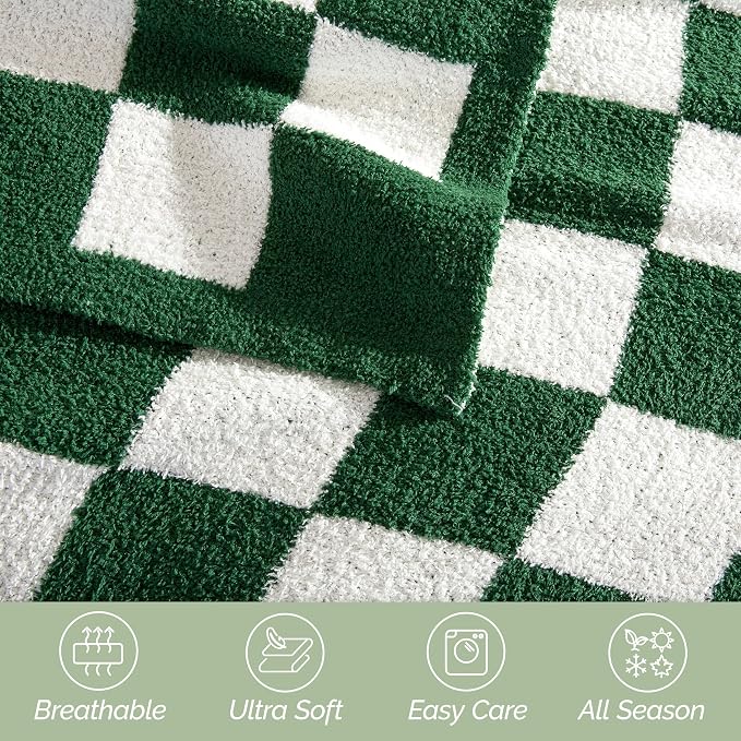 Elegant Comfort Premium Checkered Reversible Throw Blanket - Ultra Soft and Lightweight, Luxury Knitted Breathable Fleece for Couch, Bed, Sofa - Warm Velvet Fluffy Throw, 50 x 70 Inch, Hunter Green