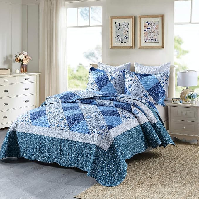 Travan Bedspread Quilt Sets 3-Piece Lightweight Coverlet Set with Shams Reversible Quilted Bedding Set, Blue Floral Patchwork, Queen Size