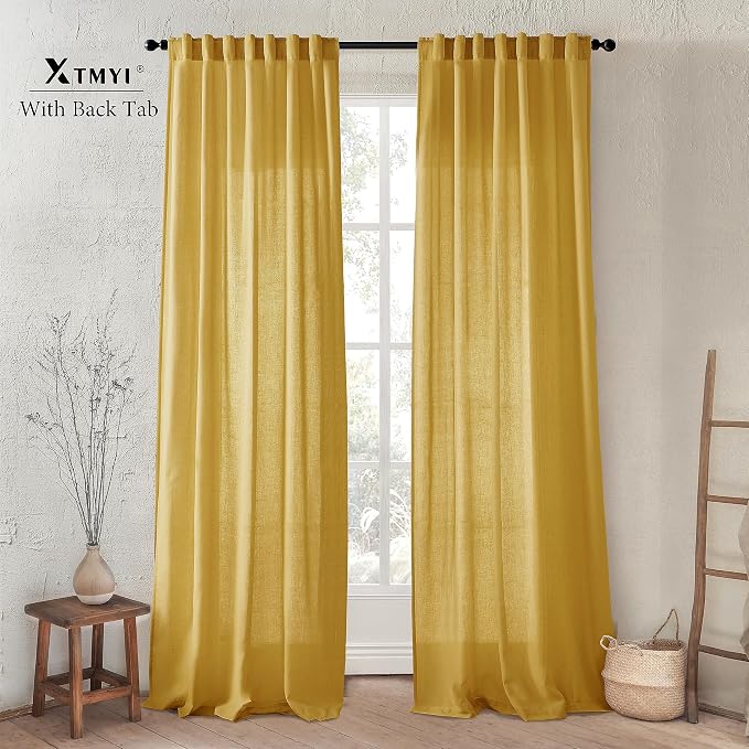 XTMYI Yellow Curtains 96 Inches Long for Living Room,Colorful Bright Mustard Mid Century Modern Decor,Linen Sheer Bohemian MCM Curtains for Bedroom 2 Panel Set,Dark Ocher