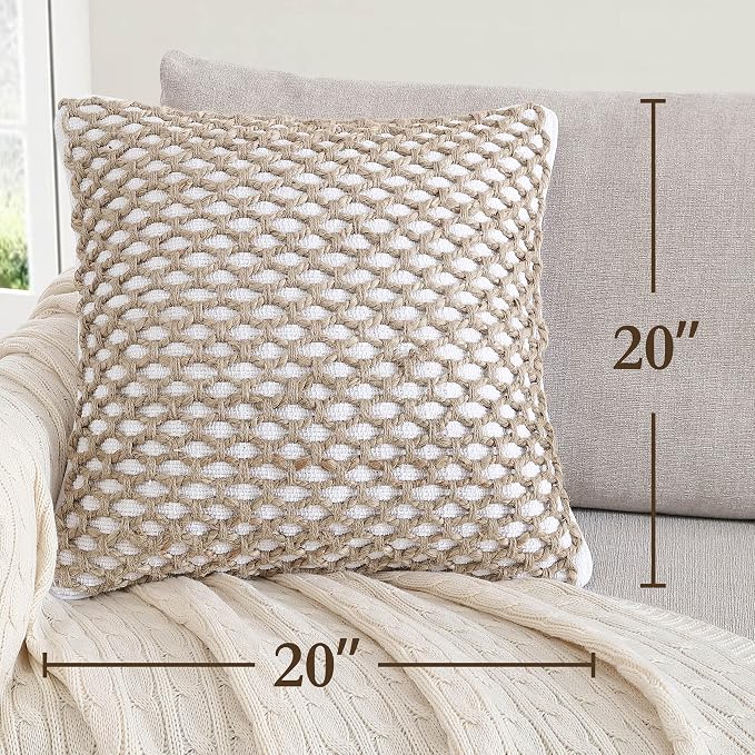 Boho Living Jada 2 Pc Decorative Throw Pillow Covers, Pillow Insert not Included, Premium Woven Design, Living Room Décor, (2) 20" x 20", White