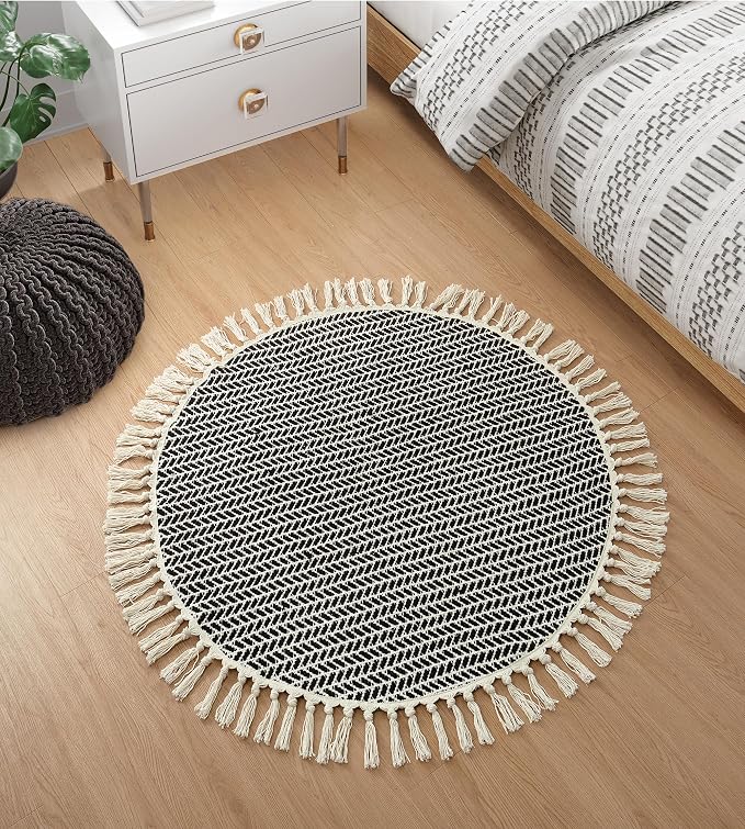 Lahome Boho Black and White Round Rug 3ft, Small Circle Bathroom Rugs | Lightweight Washable Rugs for Entryway with Tassels, Farmhouse Woven Cotton Non Shedding Mat for Dorm Bedroom Kitchen