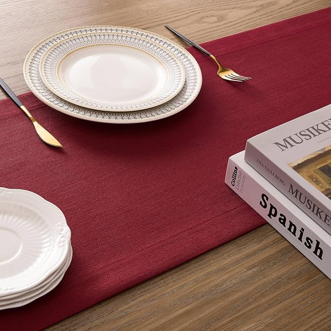ZeeMart Linen Textured Border Table Runner, 14 x 48 Inch Red | Mitered Corner Design, Medium Weight Fabric, Modern Farmhouse Style, Machine Washable Easy Care Everyday Table Scarf
