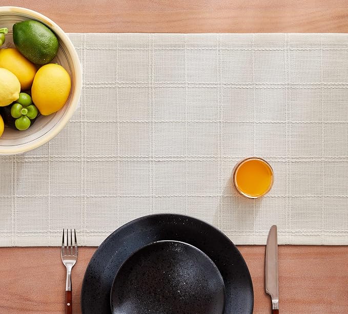 ZeeMart Linen Checked Farmhouse Table Runner, 13x90 Inches Ivory | Raised Grid Design, Rich Woven Texture, Linen Blend Table Runners 90 Inches Long, Machine Washable, Boho Home Kitchen Decor