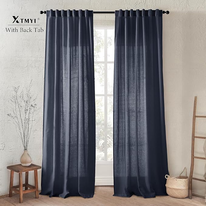 XTMYI Navy Blue Curtains 84 Inch Lengh,Linen Sheer Back Tab Hooks Pleated Light Filtering Dark Blue Kids Curtains for Boys Bedroom Living Room 2 Panel Set,Midnight/Indigo