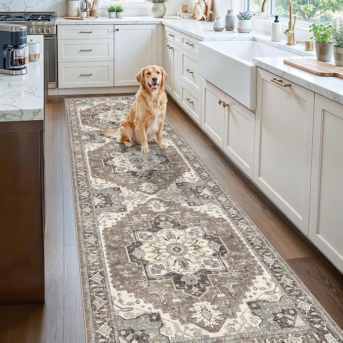 Washable Kitchen 3x8 Runner Rug - 3x8 Hallway Rug Distressed Mats Non-Slip Soft Room Floor Carpet for Dining Room (Beige,3x8)