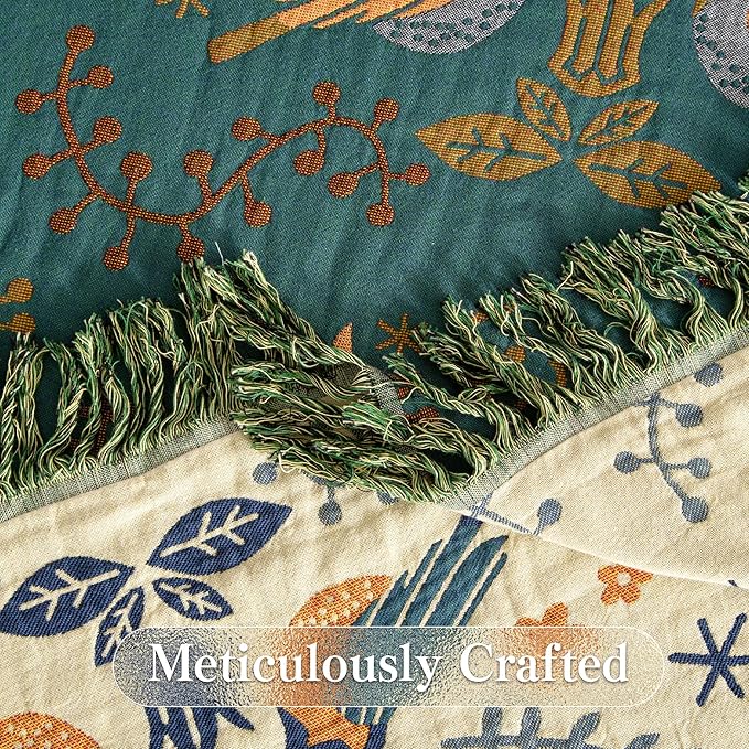 Phuryllic Boho Throw Blanket Twin Size, Soft Cozy Cotton Muslin Quilt Blanket for Bed Decor, Bird Patterned Couch Sofa Chair Cover, Vintage Farmhouse Cottage Tapestry Woven Blanket, Green&Beige
