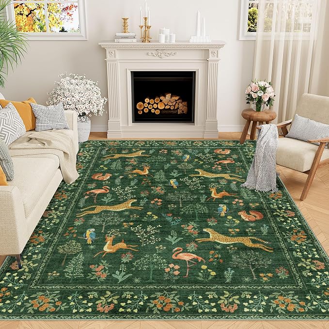 DUKINO 5x7 Area Rugs, Washable Animal Rug for Living Room Non Slip, Green | Low Pile, Soft Indoor Carpet for Bedroom, Kids Room, Dining Room, Pet Friendly, Farmhouse, Stain Resistant, Non-Shedding