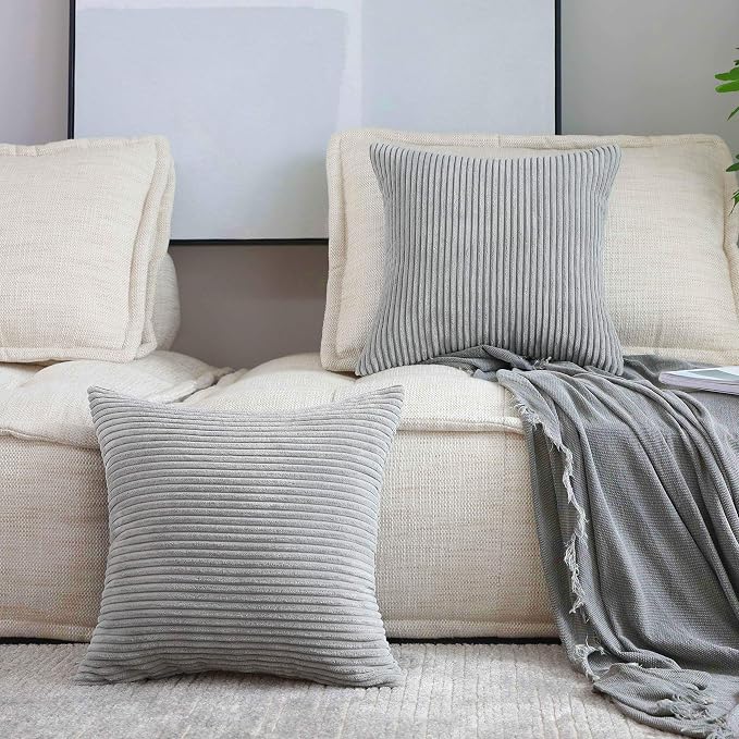Home Brilliant Set of 2 Striped Corduroy Euro Sham Large Throw Pillow Cover Decorative Cushion Cover for Bed, 24 x 24 inch, Light Grey