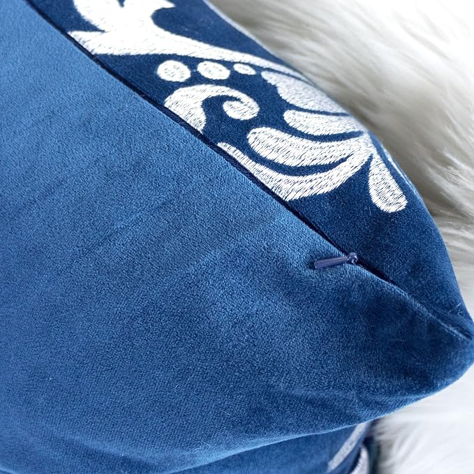 Embroidery Blue Velvet Throw Pillow Cover, Merry Christmas Series Silver Floral Luxury Soft Fuzzy Cozy Warm Slik Gift Square Couch Cushion Pillow Case 20 x 20 Inch, Cover Only