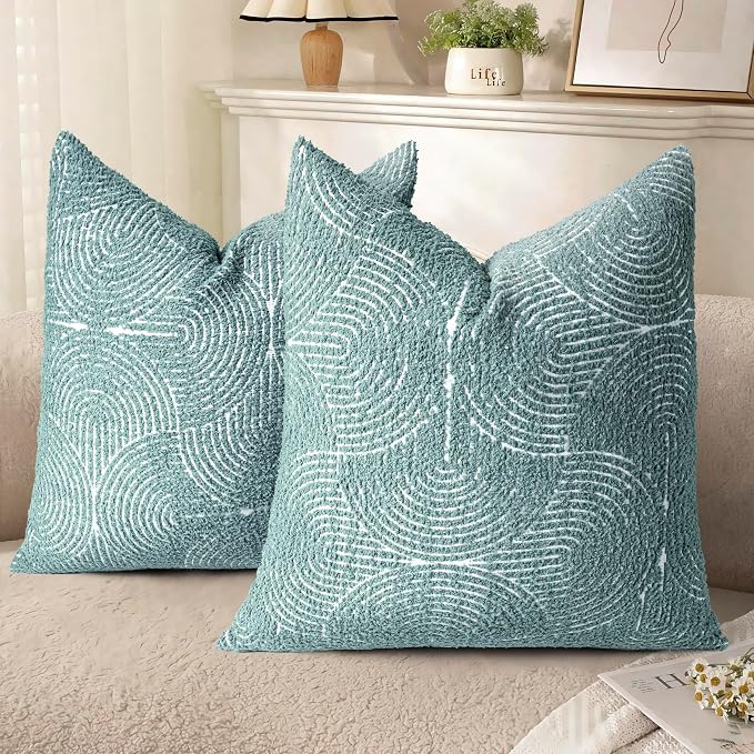 AELS Boho Decorative Textured Throw Pillow Covers 20x20, Modern Mid Century Rainbow Tufted Pillow Case, Farmhouse Rustic Geometric Woven Cushion Case for Bed Couch Sofa, Green