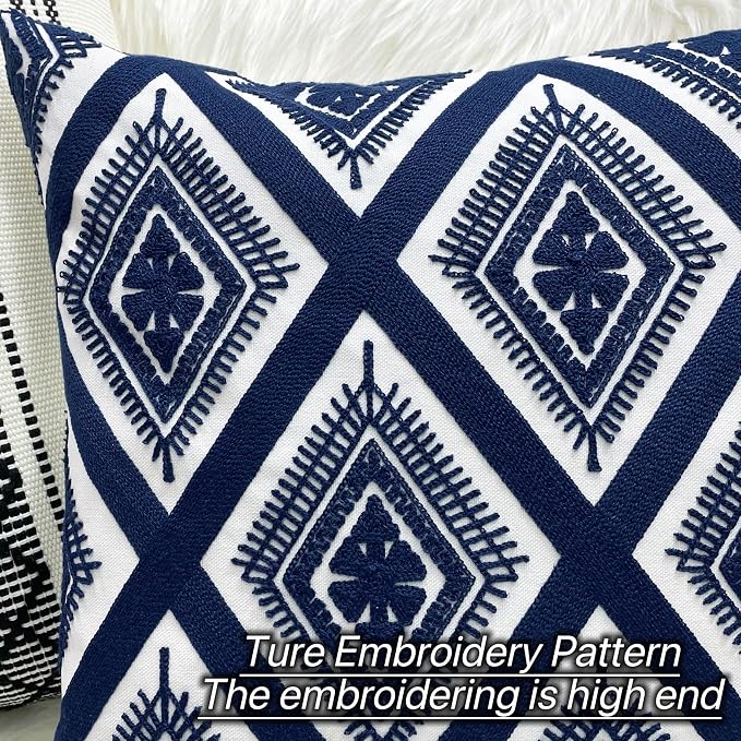 Slow Cow Embroidery Navy Blue Pillow Covers Cushion Covers Invisible Zipper for Living Room 18 x18 Inch