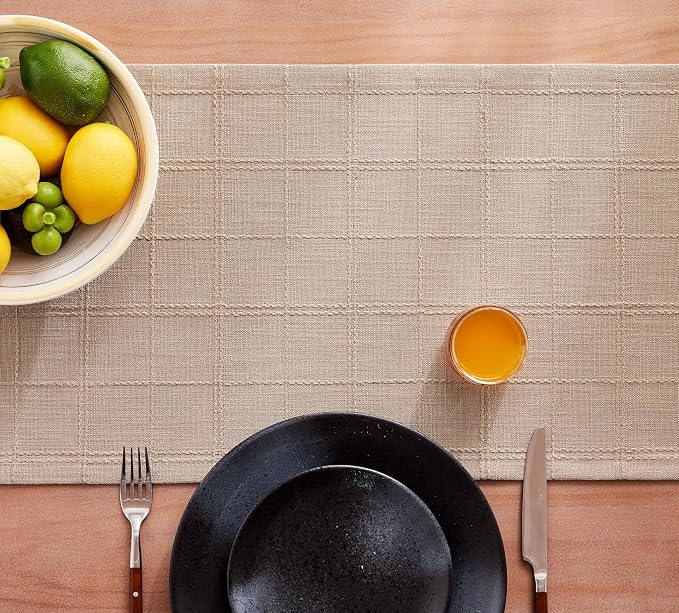 ZeeMart Linen Checked Farmhouse Table Runner, 13x108 Inches Taupe | Raised Grid Design, Rich Woven Texture, Linen Blend Table Runners 108 Inches Long, Machine Washable, Boho Home Kitchen Decor