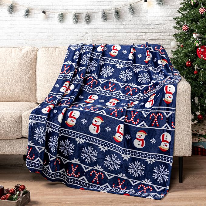 PAVILIA Christmas Snowman Throw Blanket | Blue Holiday Christmas Fleece Blanket | Soft, Plush, Warm Winter Cabin Throw, 50x60 (Blue Christmas)