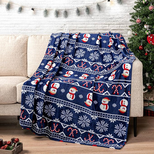 PAVILIA Christmas Snowman Throw Blanket | Blue Holiday Christmas Fleece Blanket | Soft, Plush, Warm Winter Cabin Throw, 50x60 (Blue Christmas)
