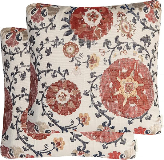 Mika Home Pack of 2 Jacquard Circle Floral Pillow Cover, Cream Red | Throw Pillow Case, Decorative, For 22X22 Inserts