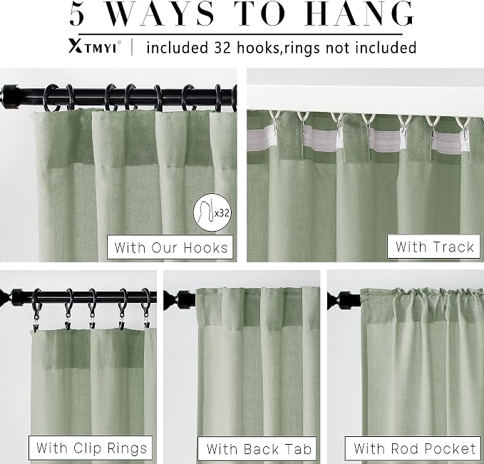 XTMYI Sage Green Back Tab/Hook Belt Linen Cotton Sheer Curtains 45 Inch Length for Bathroom Bedroom 2 Panels Set