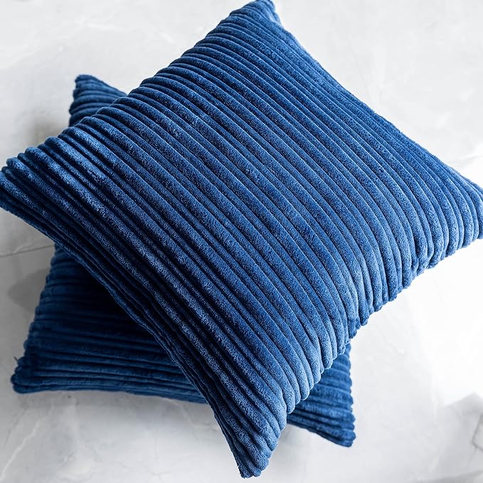Kevin Textile Striped Corduroy 24”x24” Pillow Covers 2 Pack, Navy Blue