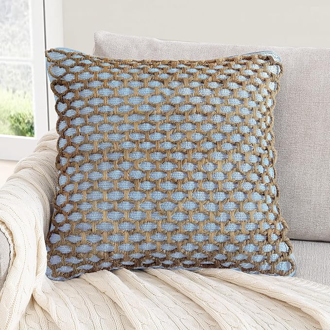 Boho Living Jada Decorative Throw, (1) 20" x 20" Pillow Cover with Insert, Light Blue