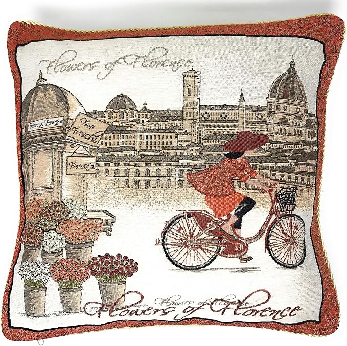 Tache Decorative Throw Pillow Cover 1 Piece Square Vintage French Girl Day Out in Florence Burgundy Orange Tapestry Pillow Cover 18 x 18