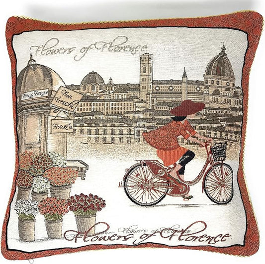 Tache Decorative Throw Pillow Cover 1 Piece Square Vintage French Girl Day Out in Florence Burgundy Orange Tapestry Pillow Cover 18 x 18