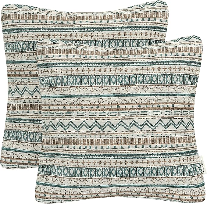 Mika Home 2-Pack Throw Pillow Covers,Striped,18x18 Inches, Green Taupe | Decorative Square, Cushion Cases for Sofa Couch, Bohemian Striped Geometric Pattern