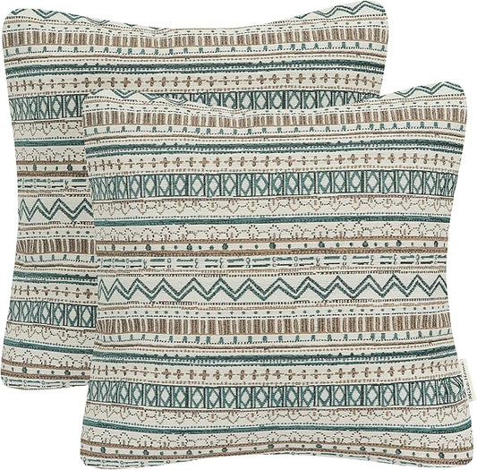 Mika Home 2-Pack Throw Pillow Covers,Striped,18x18 Inches, Green Taupe | Decorative Square, Cushion Cases for Sofa Couch, Bohemian Striped Geometric Pattern