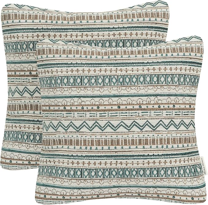 Mika Home Pack of 2 Throw Pillow Covers,Striped,20x20 Inches, Green Taupe | Decorative Pillow Cases for Sofa Couch Bed, Bohemian Striped Geometric Pattern