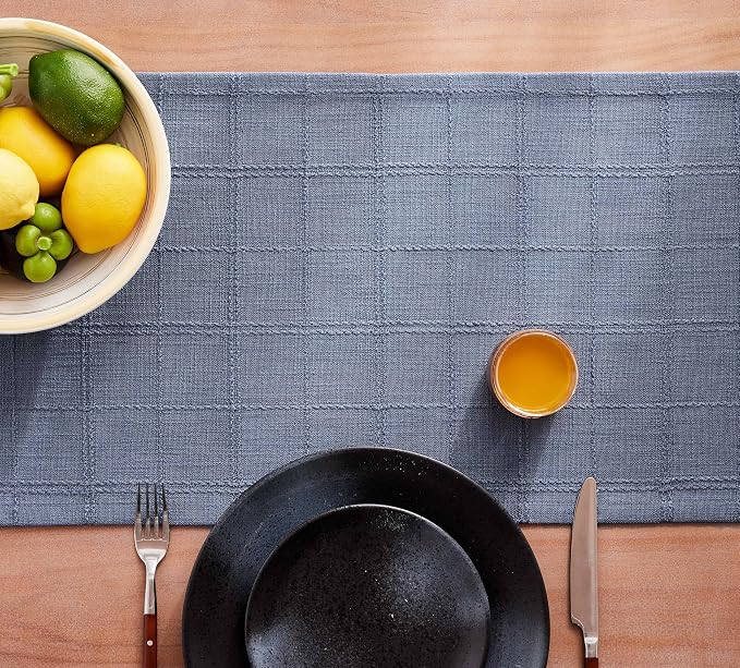 ZeeMart Linen Checked Farmhouse Table Runner, 13x90 Inches Blue | Raised Grid Design, Rich Woven Texture, Linen Blend Table Runners 90 Inches Long, Machine Washable, Boho Home Kitchen Decor