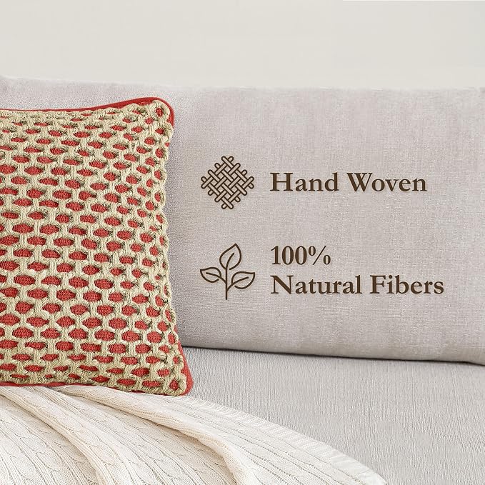 Boho Living Jada Premium Woven Design, Decorative Throw, Living Room Décor, (2) 20" x 20" Pillow Covers, Rust 2 Count