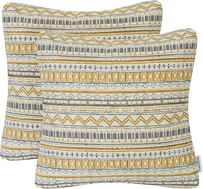 Mika Home Pack of 2 Throw Pillow Covers, Striped, 20x20 Inches, Gold Grey | Decorative Pillow Cases for Sofa Couch Bed, Bohemian Striped Geometric Pattern