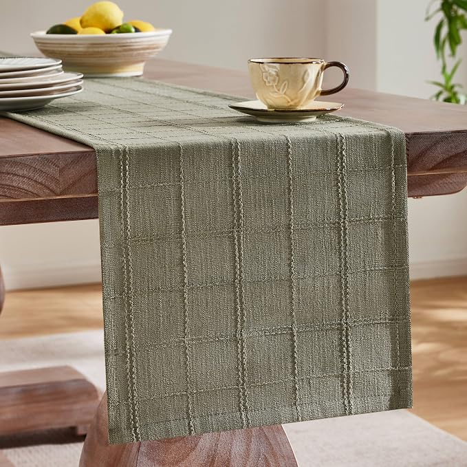 ZeeMart Linen Checked Farmhouse Table Runner, 13x90 Inches Olive | Raised Grid Design, Rich Woven Texture, Linen Blend Table Runners 90 Inches Long, Machine Washable, Boho Home Kitchen Decor