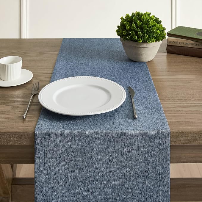 ZeeMart Basic Linen Style Table Runner, 14x48 Inch Navy Blue | Mitered Corner Design, Medium Weight Fabric, Rustic Farmhouse Style, Machine Washable Easy Care Everyday Table Scarf