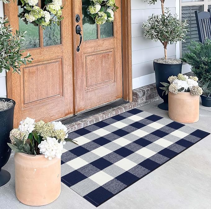 Blue and White Checkered Outdoor Rug 27.5''x 43.3''Buffalo Plaid Layered Doormat Woven Machine Washable Farmhouse Door Mats Outdoor for Hello/Welcome Mat,Entryway,Bedroom,Patio