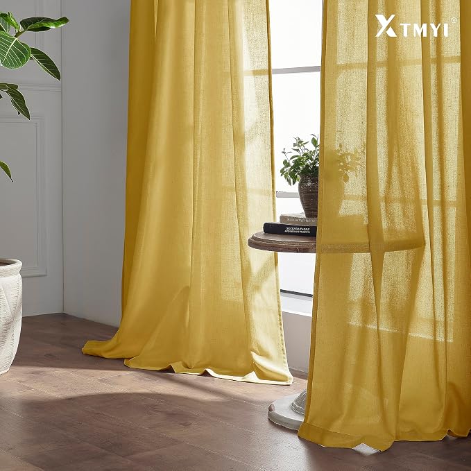 XTMYI Yellow Curtains 96 Inches Long for Living Room,Colorful Bright Mustard Mid Century Modern Decor,Linen Sheer Bohemian MCM Curtains for Bedroom 2 Panel Set,Dark Ocher