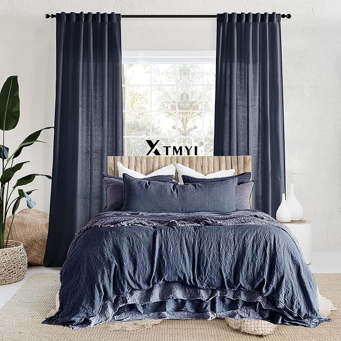 XTMYI Navy Blue Curtains 84 Inch Lengh,Linen Sheer Back Tab Hooks Pleated Light Filtering Dark Blue Kids Curtains for Boys Bedroom Living Room 2 Panel Set,Midnight/Indigo