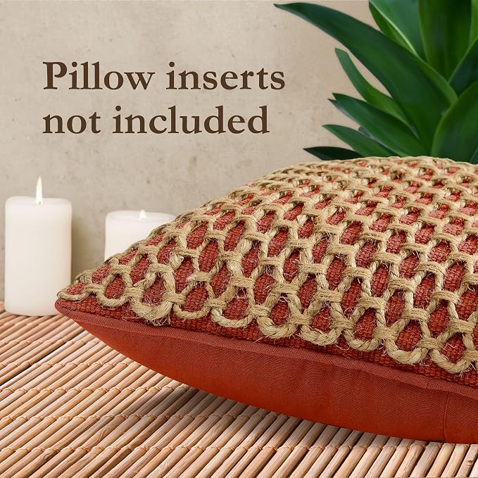 Boho Living Jada Premium Woven Design, Decorative Throw, Living Room Décor, (2) 20" x 20" Pillow Covers, Rust 2 Count