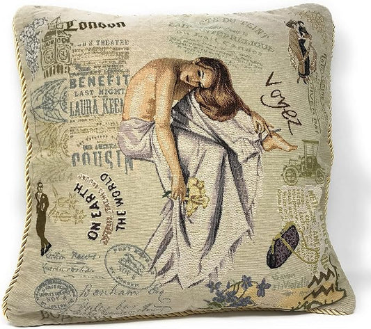 Tache Tapestry Throw Pillow Cover 1 Piece 18" by 18" Square Vintage French Parisian Girl Model Decorative Couch Accent Vibrant and Stylish Girl Cushion Throw Pillow Cover