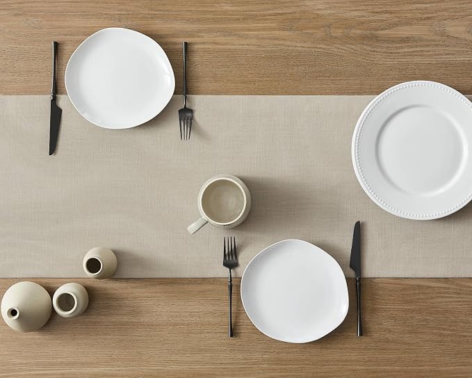 ZeeMart Linen Textured Border Table Runner, 14 x 36 Inch Natural | Mitered Corner Design, Medium Weight Fabric, Modern Farmhouse Style, Machine Washable Easy Care Everyday Table Scarf
