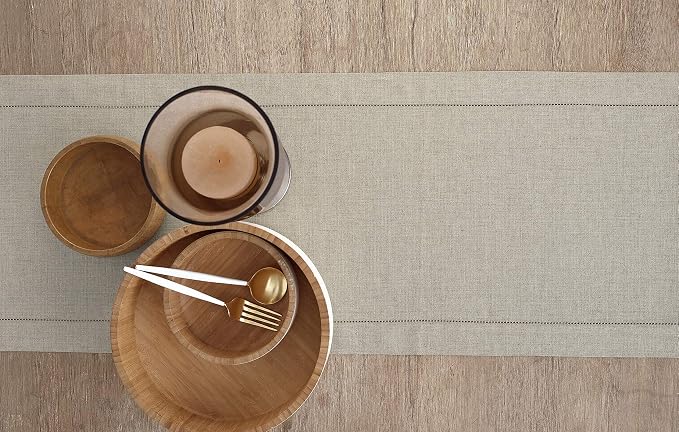Solino Home 100% Pure Linen Table Runner Natural Hemstitch, 14 x 108 in | Classic Hemstitch, a graceful centrepiece for dining and gatherings, hemstitched border, mitered corners, OEKO-TEX Certified