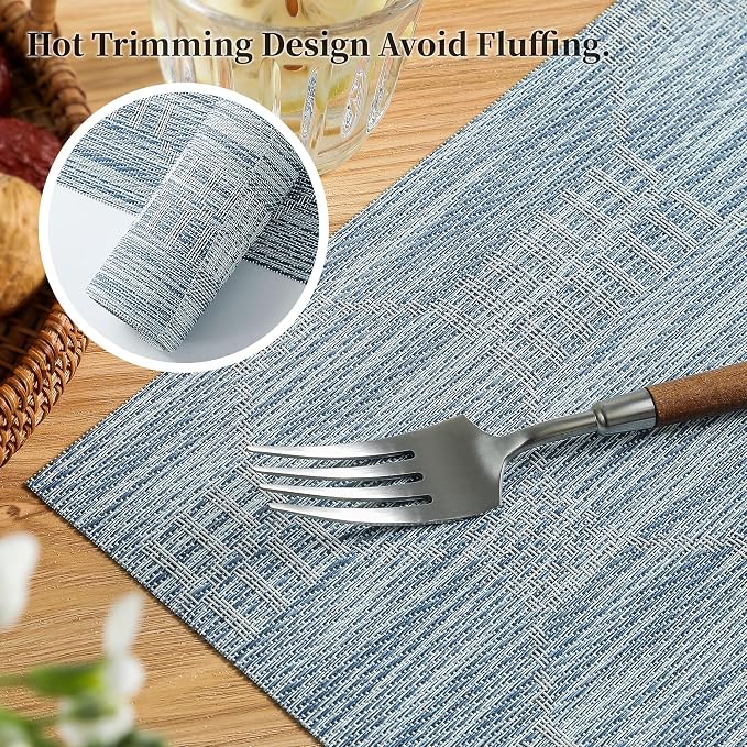 Leetaltree Alice Blue Placemats Set of 6 - Heat Resistant Non-Slip Place mats for Dining Table, Washable Durable PVC Vinyl Woven Table Mats（Jacquard Blue, 6）