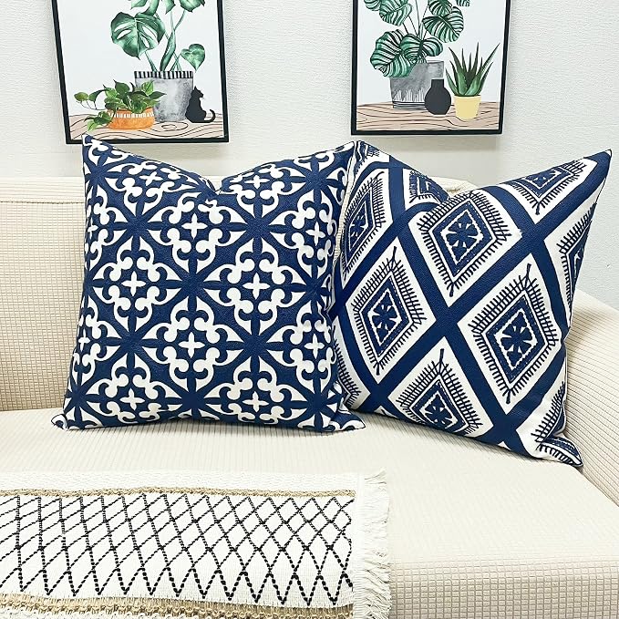 Slow Cow Embroidery Decorative Throw Pillow Cover for Couch Sofa Bedroom Accent Pillow Cushion Cover 20 x 20 Inches Navy Blue