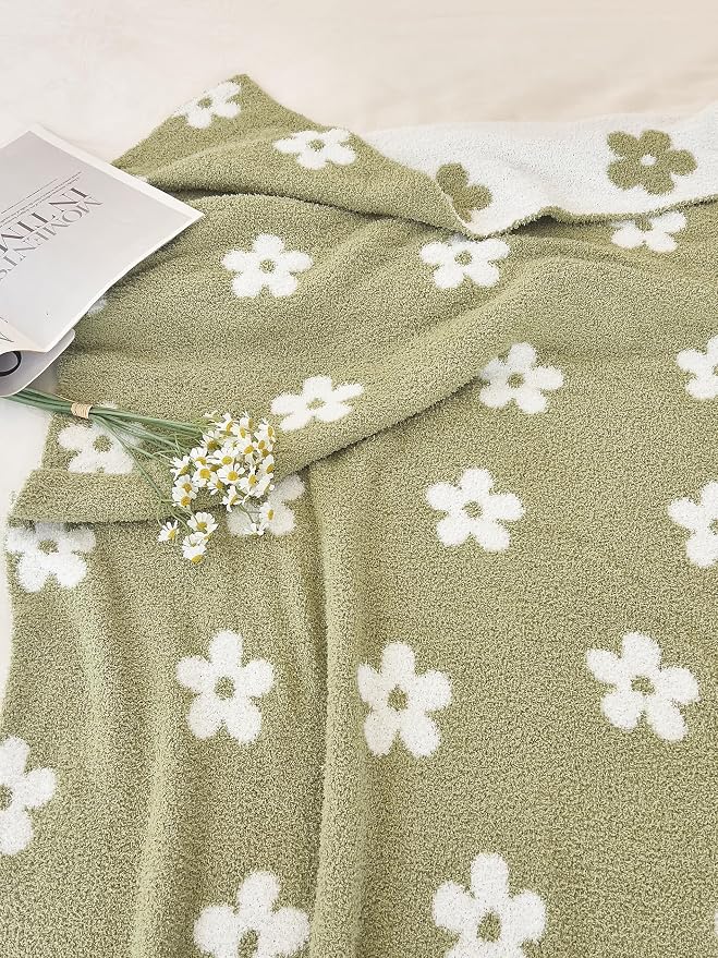 Ultra Soft Cozy Sunflower Knitted Throw Blanket Fluffy Microfiber Checkerboard Bed Blanket Lightweight Both Sides Blanket for Couch Sofa Bed (Sage Green, Throw 50“x60”)