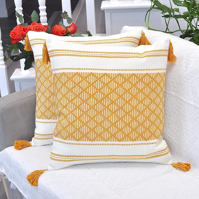 Boho Throw Pillow Covers with Tassels Mustard Yellow and White 18x18 inch -Set of 2 / Decorative Square Pillow Covers for Couch, Sofa/Farmhouse Woven Pillow Cases/Accent Cushion Covers